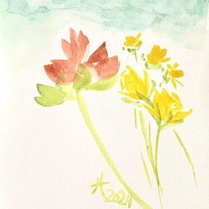 Spring Fling Original Wall Art Minimalist Flowers Watercolor Painting Mat 8x10in